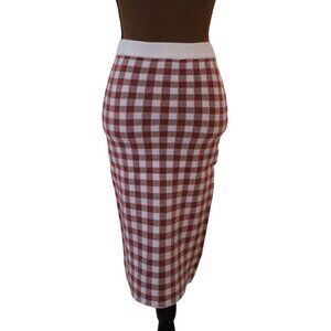 English Factory Angora Wool Rabbit Hair Red and Beige Gingham Knit Midi Skirt